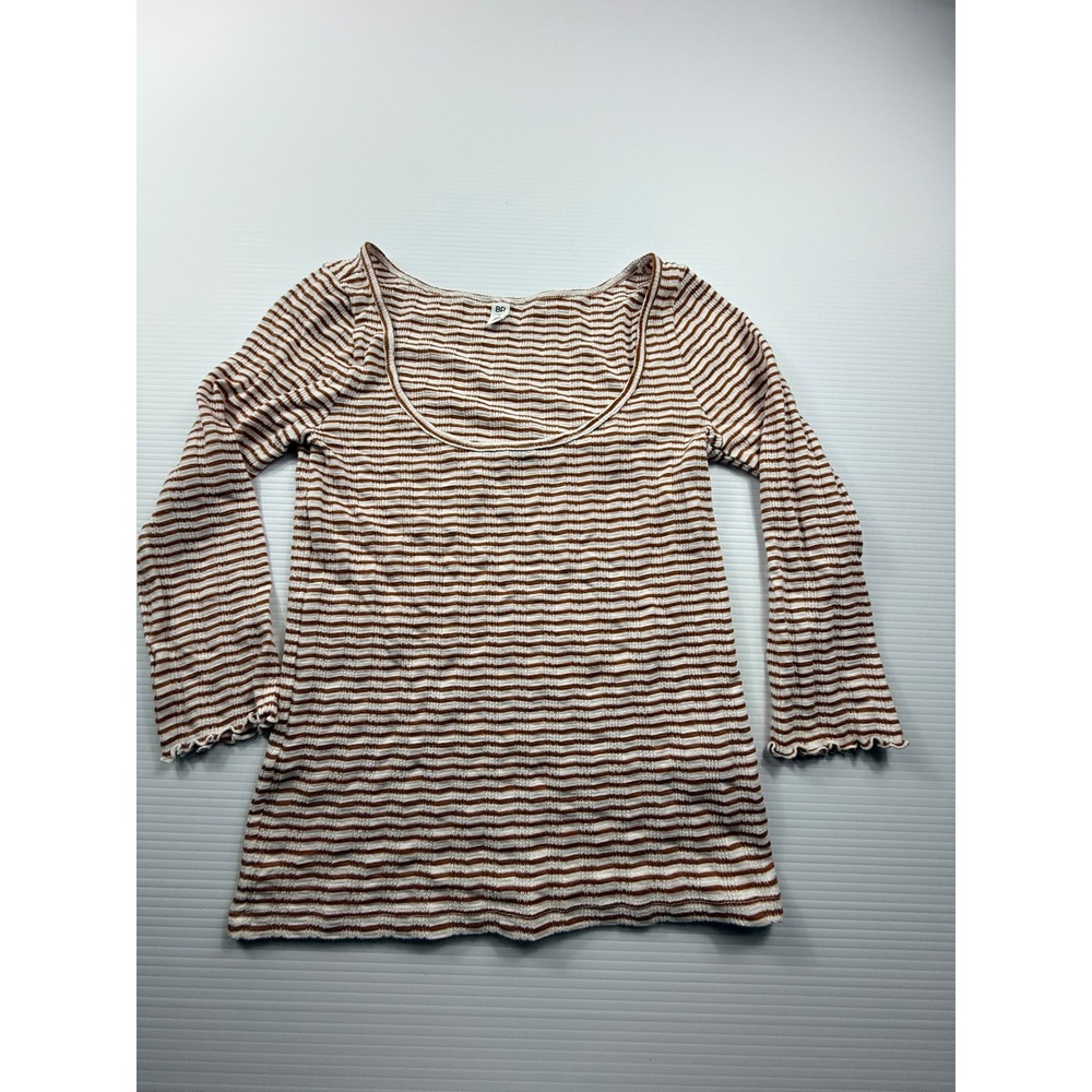 BP. Womens Striped Ribbed Knit Scoop Neck Long Sleeve Top Brown White Size S